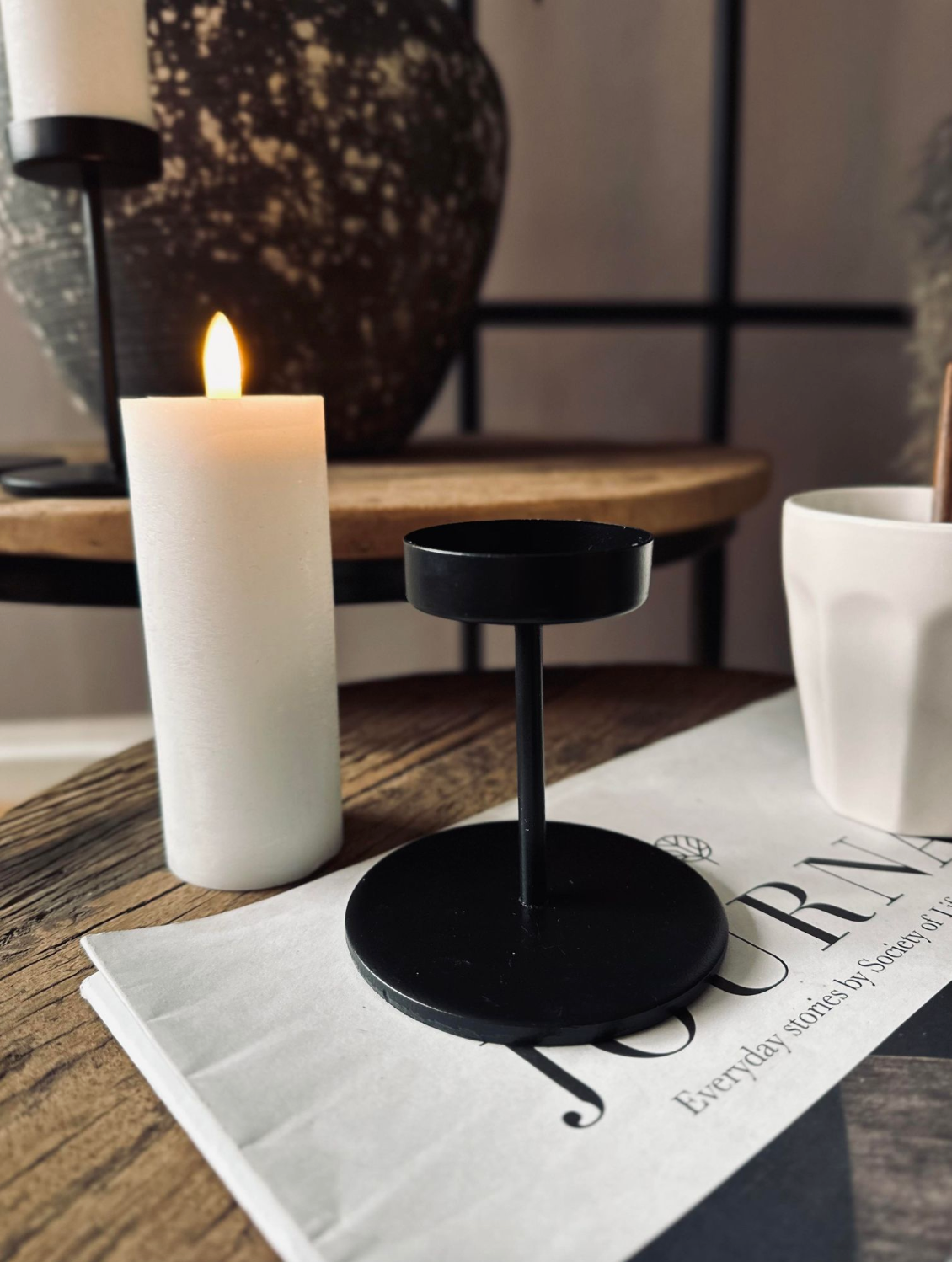 Candle Holders Set Black Metal Pillar Stand