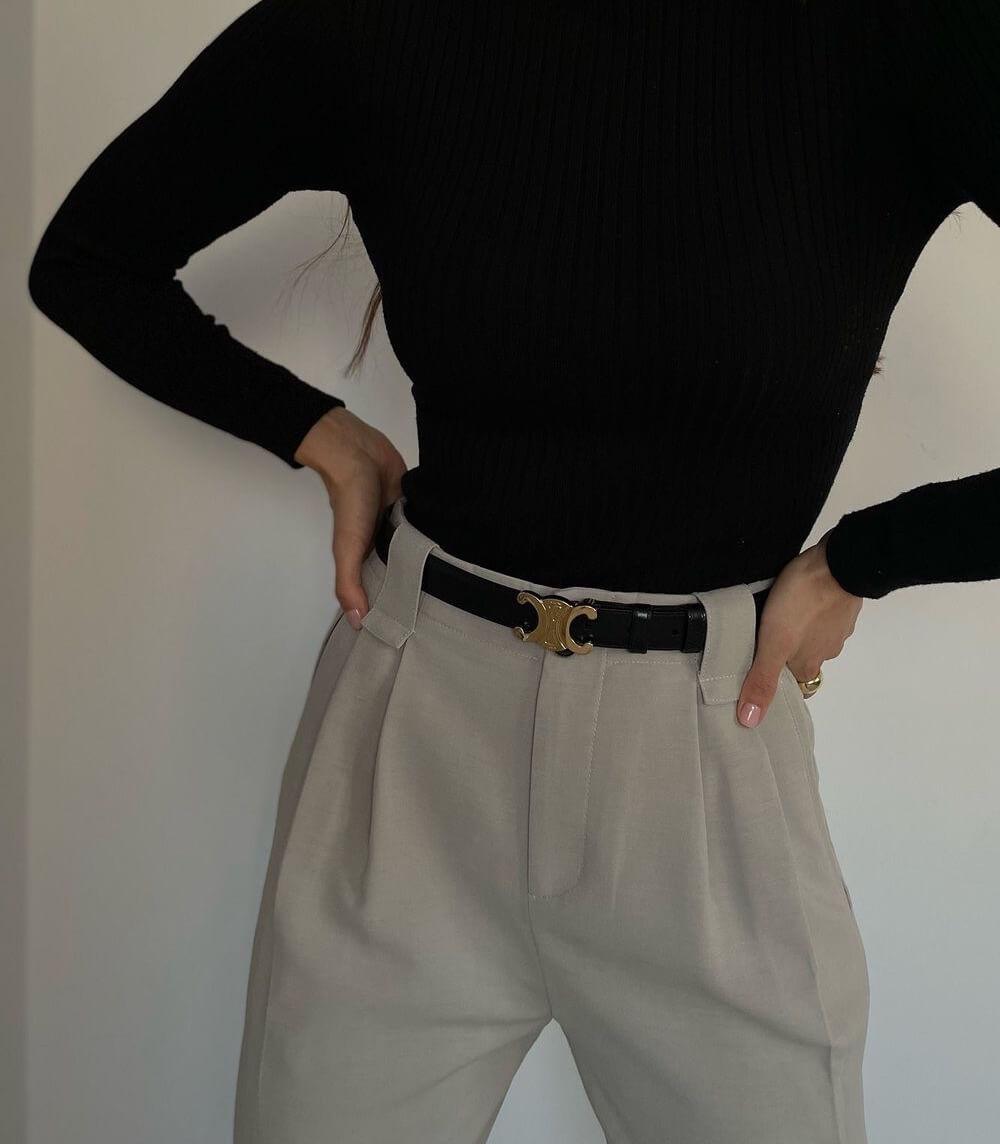 Leather Waist Belt with Gold Buckle Detail