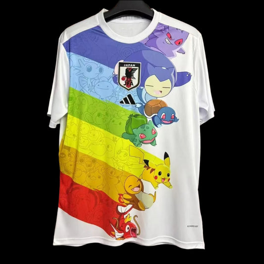 Front view of the Japan Pikachu Pokémon Special Edition Football Shirt, showcasing Pikachu and iconic Pokémon elements