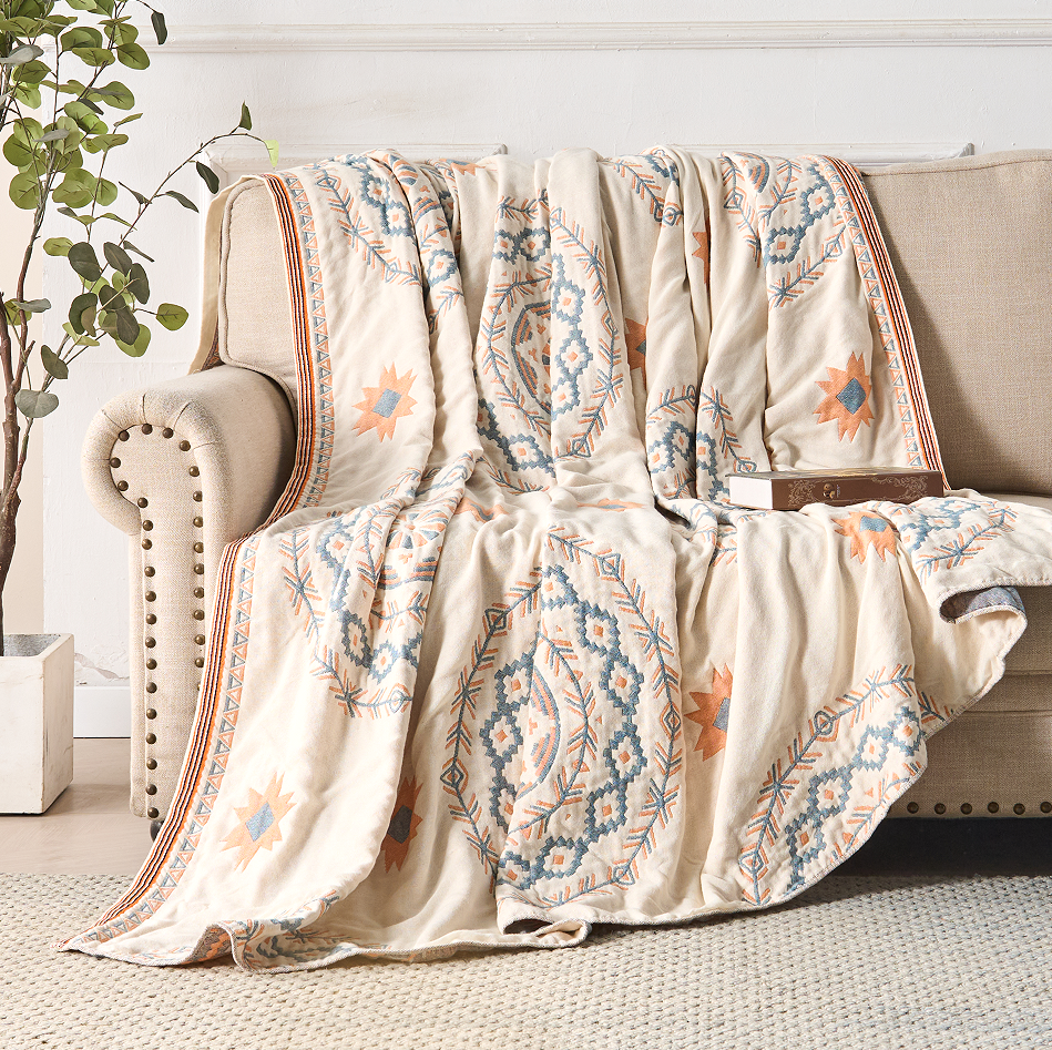 Cotton Throw Blanket with Mandala Boho Print