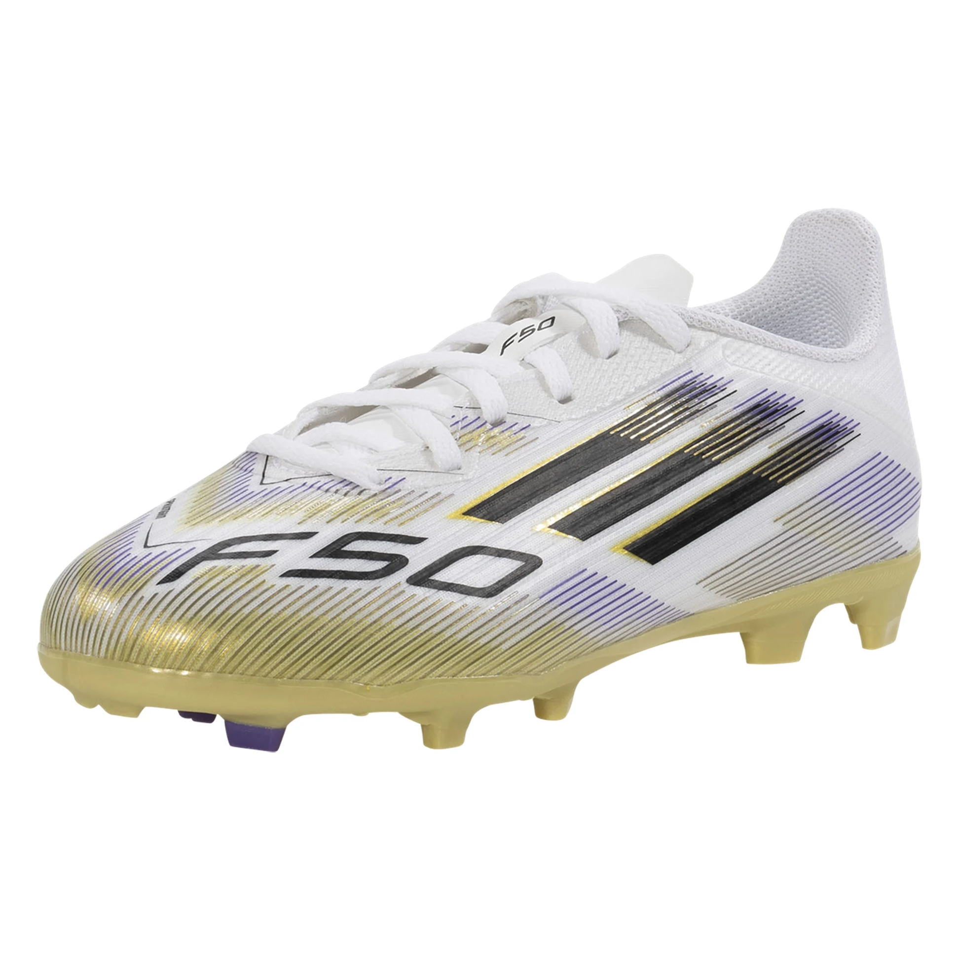 adidas F50 League Firm Ground Multi Ground Junior Soccer Cleats (White/Black/Gold Metallic)