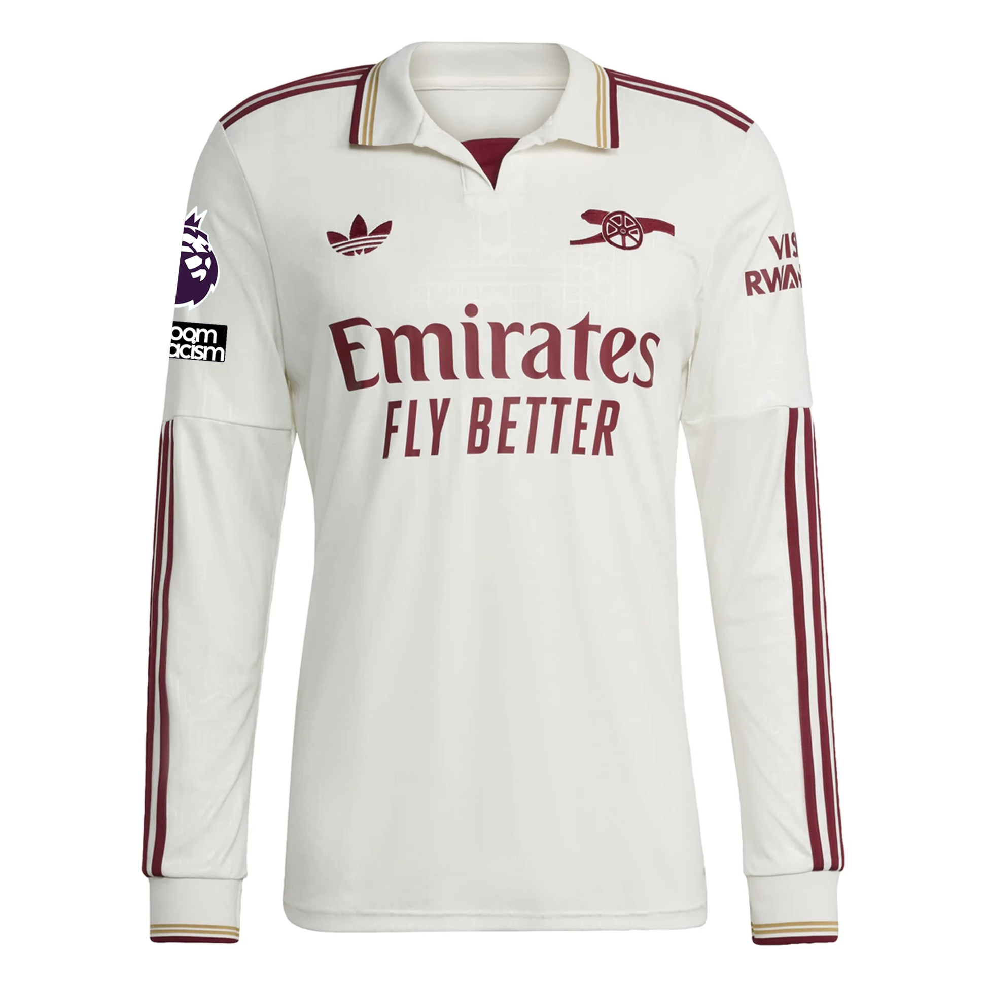 adidas Arsenal William Saliba Third Long Sleeve Jersey w/ EPL + No Room For Racism 25/26 (White/Burgundy)