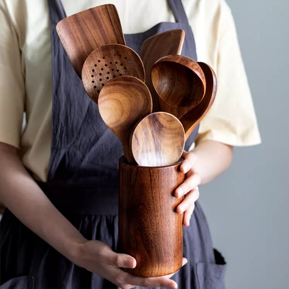 Wooden Kitchen Utensils Set in Teak Finish