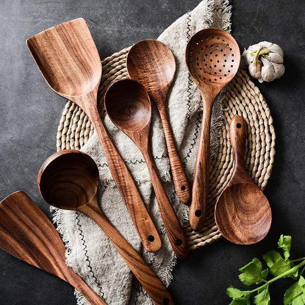Wooden Cooking Utensils Set Teak Eco-Friendly