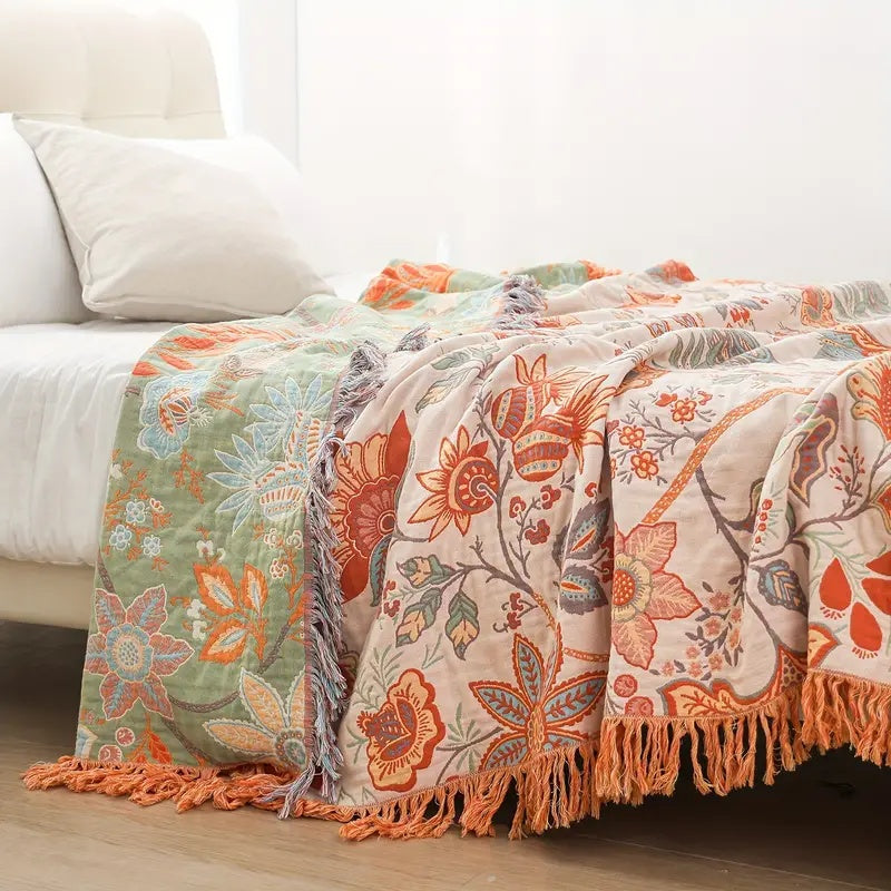 Cotton Throw Blanket Boho Floral Sofa Cover