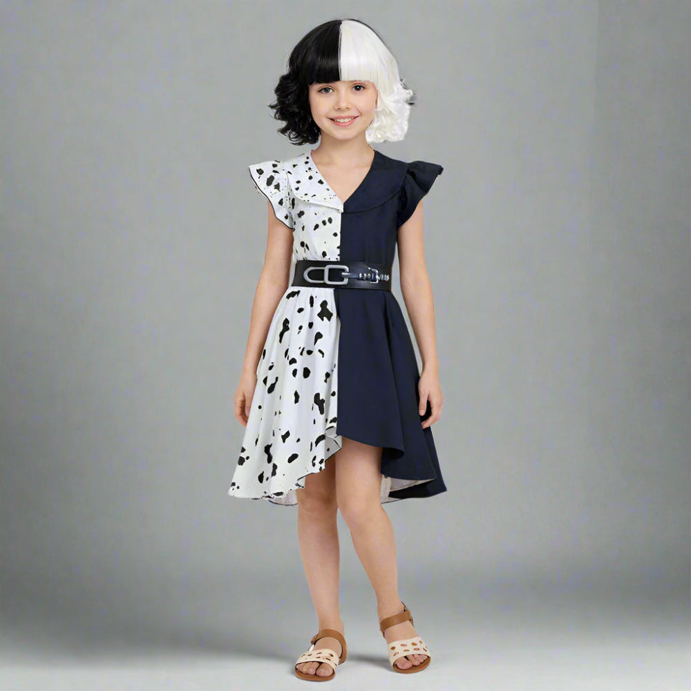 Halloween Costume Kids Black White Spotted Dress Ruffle Cape