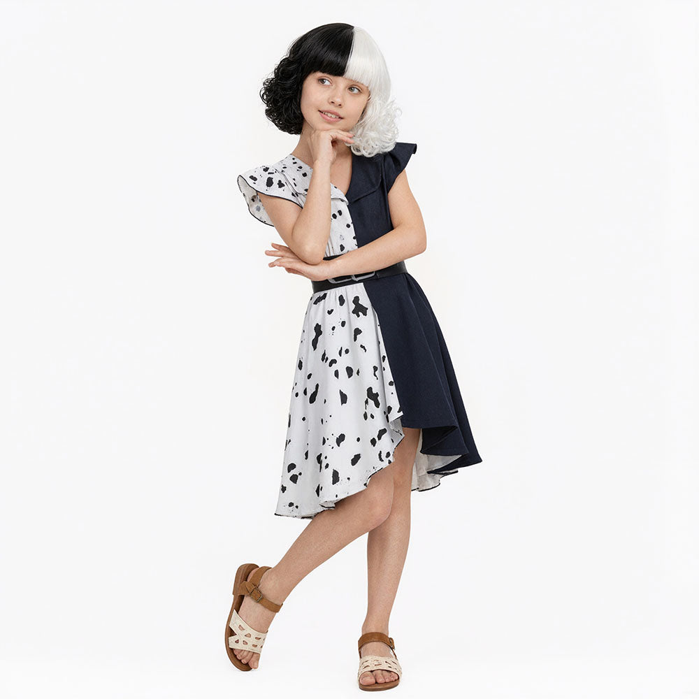 Halloween Costume Kids Black White Spotted Dress Ruffle Cape