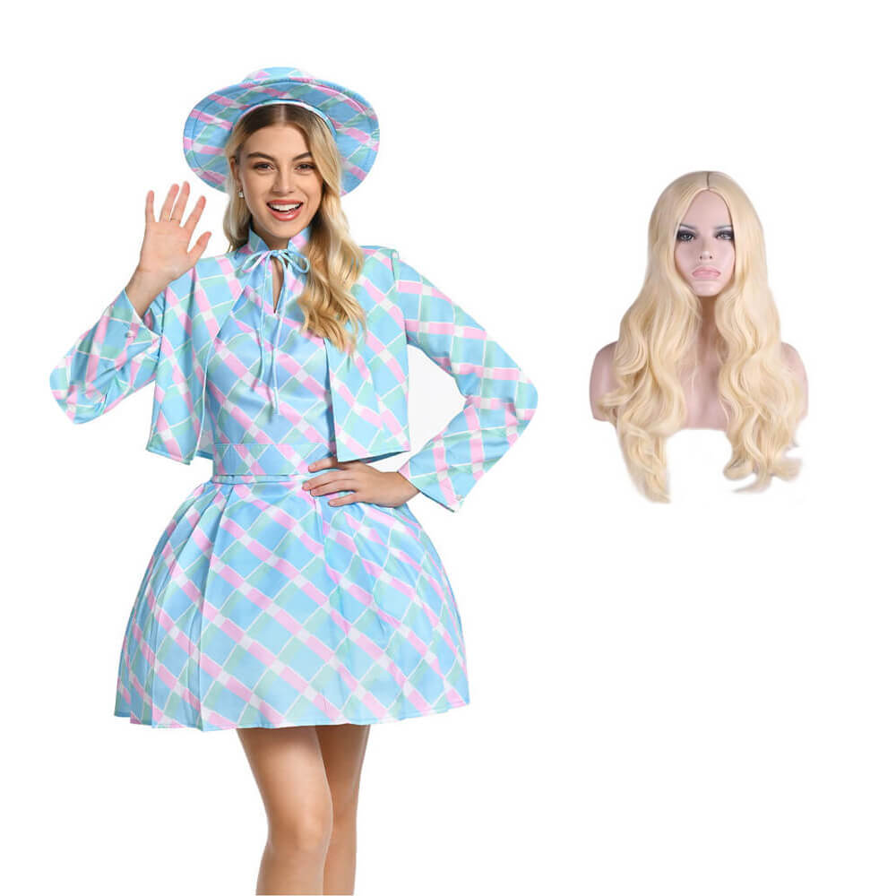 Halloween Costume Blue Plaid Dress Coat Set